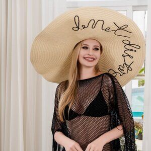 Super Wide Brim Beach Hat Do Not Disturb Curly Sequins Words Statement
